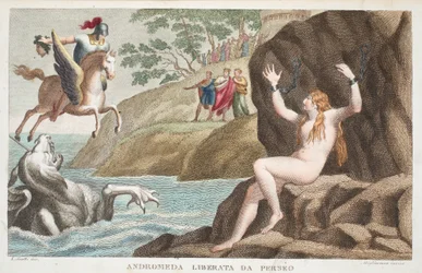 Persevs og Andromeda, eller Andromeda befridd av Persevs, bok IV, illustrasjon fra Ovids Metamorfoser, Firenze, 1832